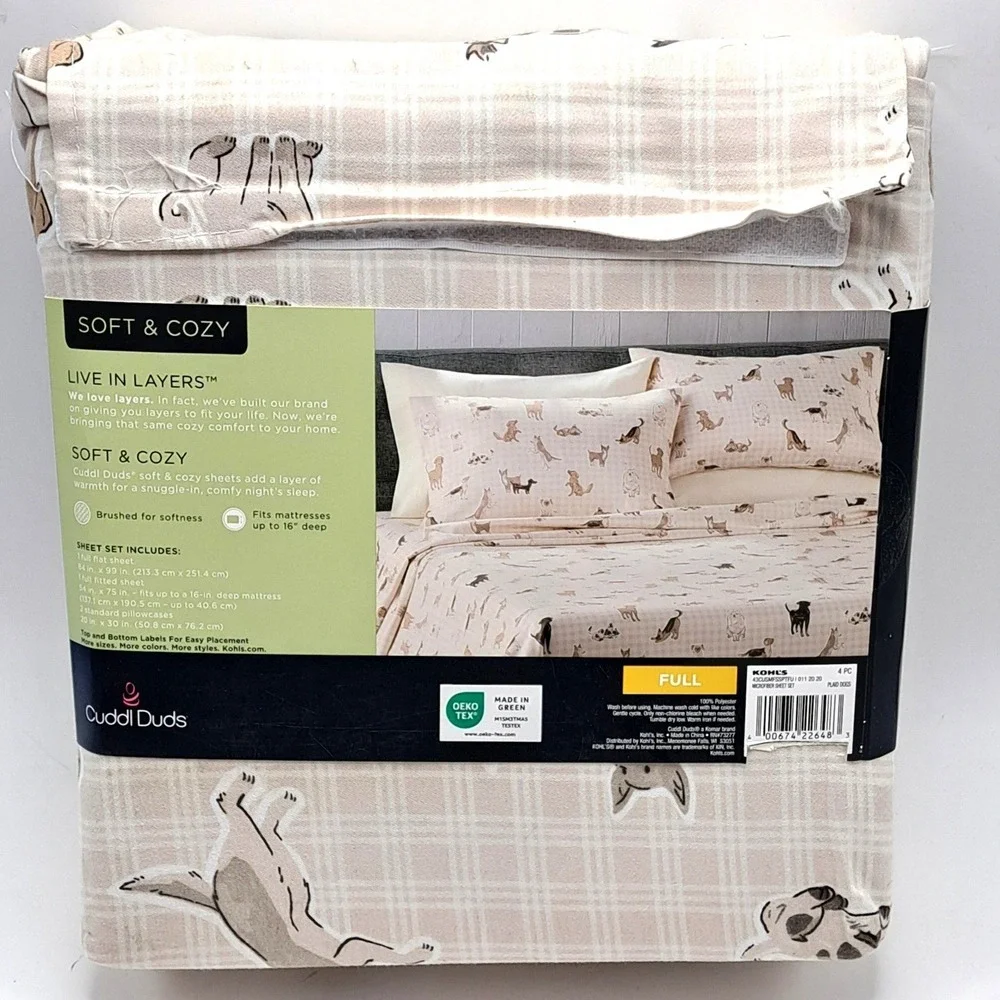 Cuddl Duds Sheet Set Full Size Tan Plaid Dogs Microfiber Soft Warm Bedding New